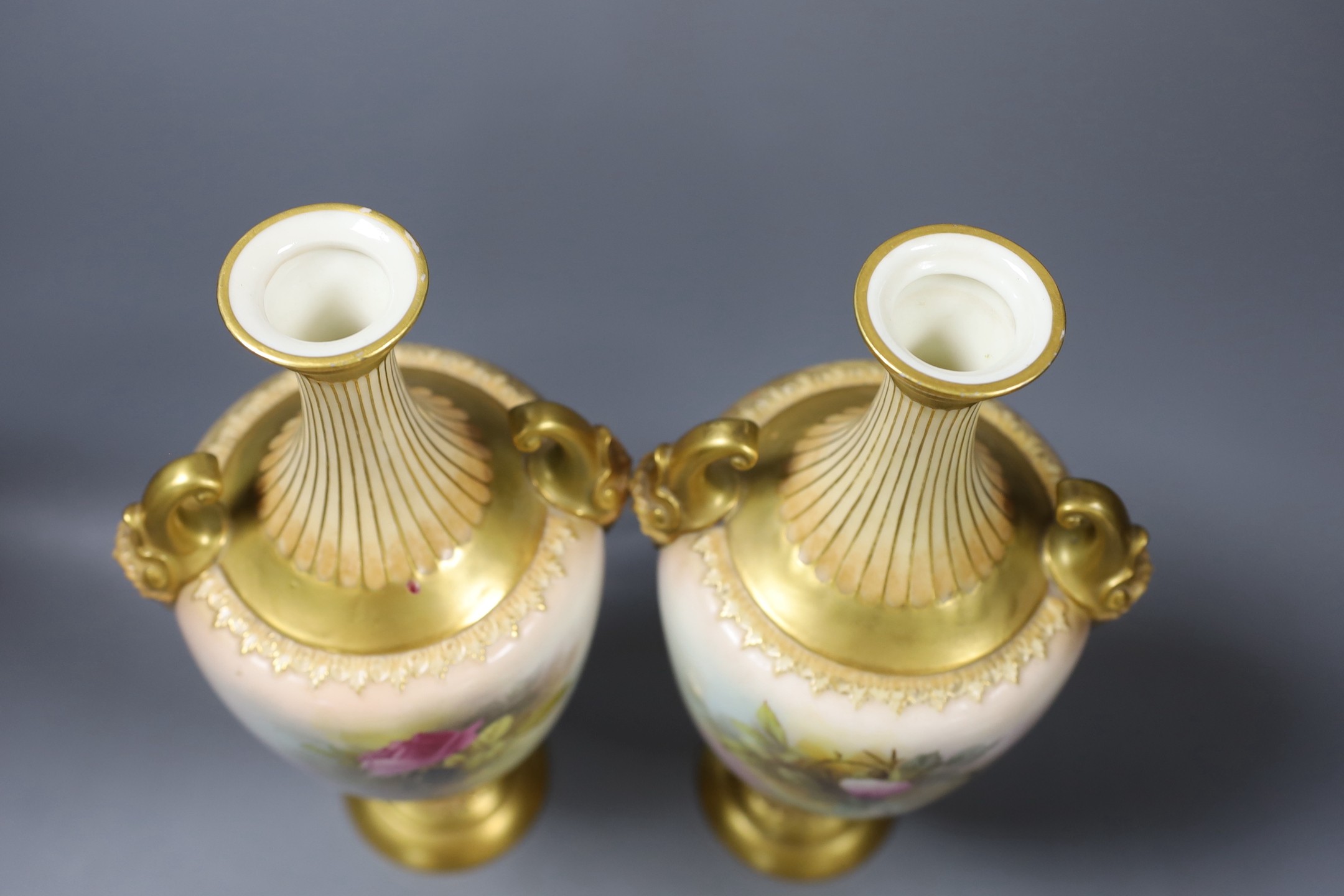 A pair of Royal Worcester rose painted vases, signed W. Hart - 34cm tall